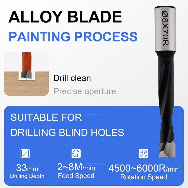 CDBP 8mm Diameter Carbide Tipped Brad Point Boring Bit Dowel Drill Bits 8mm Dia x 70mm Long x 10mm Shank, Right Hand Rotation - Image 4
